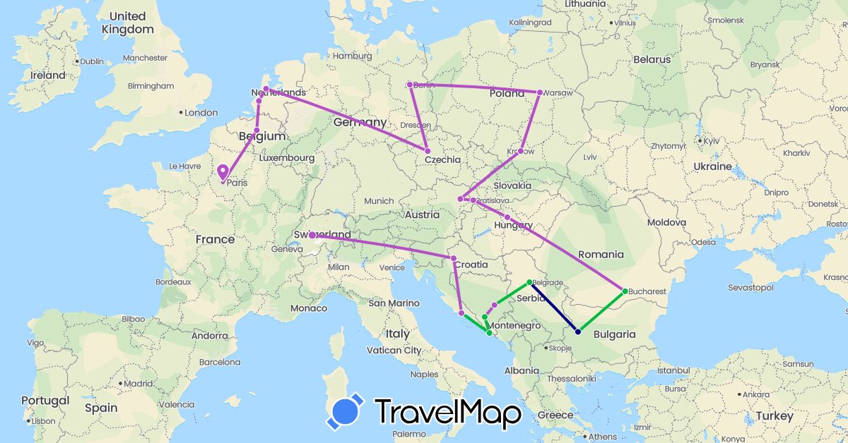 TravelMap itinerary: driving, bus, train in Austria, Bosnia and Herzegovina, Belgium, Bulgaria, Switzerland, Czech Republic, Germany, France, Croatia, Hungary, Netherlands, Poland, Romania, Serbia, Slovakia (Europe)